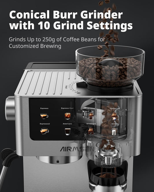 AIRMSEN Espresso Machine with Grinder, 20 Bar, Milk Frothing Steam Wand