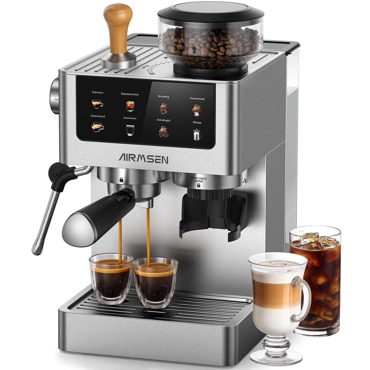 AIRMSEN Espresso Machine with Grinder, 20 Bar, Milk Frothing Steam Wand