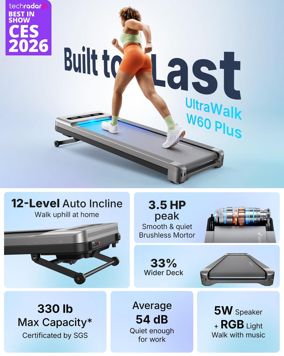 MERACH UltraWalk W60 Walking Pad Treadmill with 12Auto Incline, Under Desk Walking Pad Max400lb Capacity, Max3.5HP Heavy Duty Walking Pad with Incline for Tall People with BT Speaker, RGB Light & APP