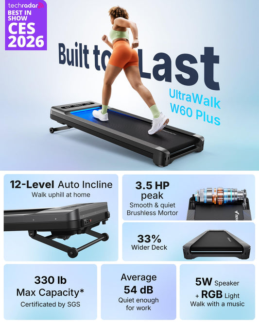 MERACH UltraWalk W60 Walking Pad Treadmill with 12 Auto Incline, Under Desk Walking Pad Max400lb Capacity, Max3.5HP Heavy Duty Walking Pad With Incline for Tall People With BT Speaker, RGB Light & APP
