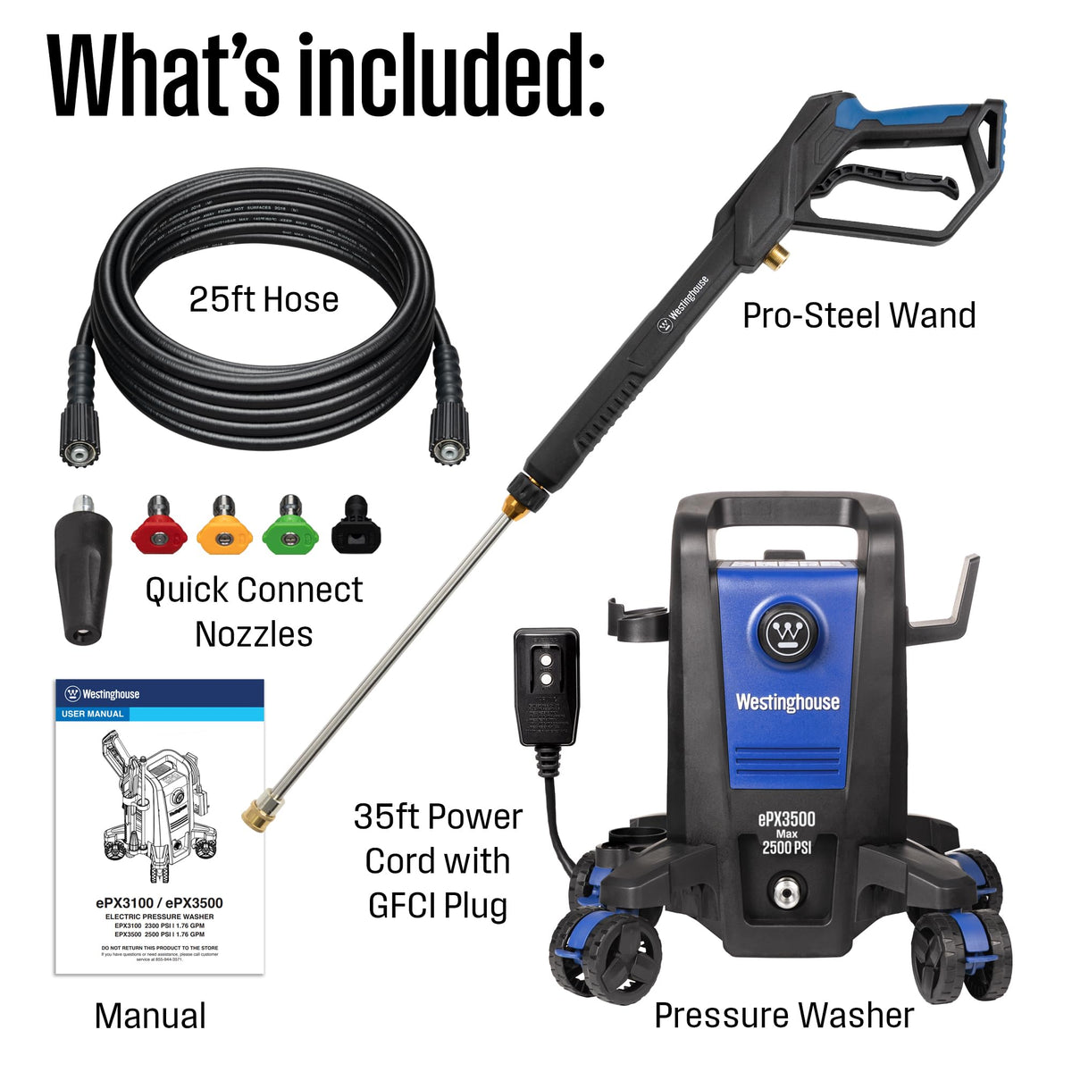 Westinghouse ePX3500 Electric Pressure Washer, 2500 Max PSI 1.76 Max GPM with Anti-Tipping Technology, Onboard Soap Tank, Pro-Style Steel Wand, 5-Nozzle Set, for Cars/Fences/Driveways/Home/Patios