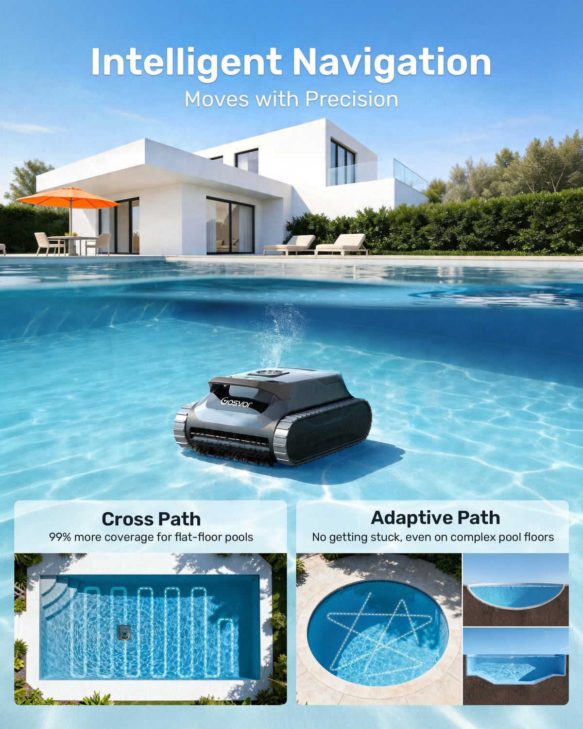 (2026 Upgrade) Gosvor Pool Vacuum LiteVac G1, Wall & Waterline & Shallow Area Cleaning, Up to 200-Min Runtime, Ultra-fine Filter, 15.2 lbs, Smart Navigation & App, for Pools up to 2153 sq.ft, Gray