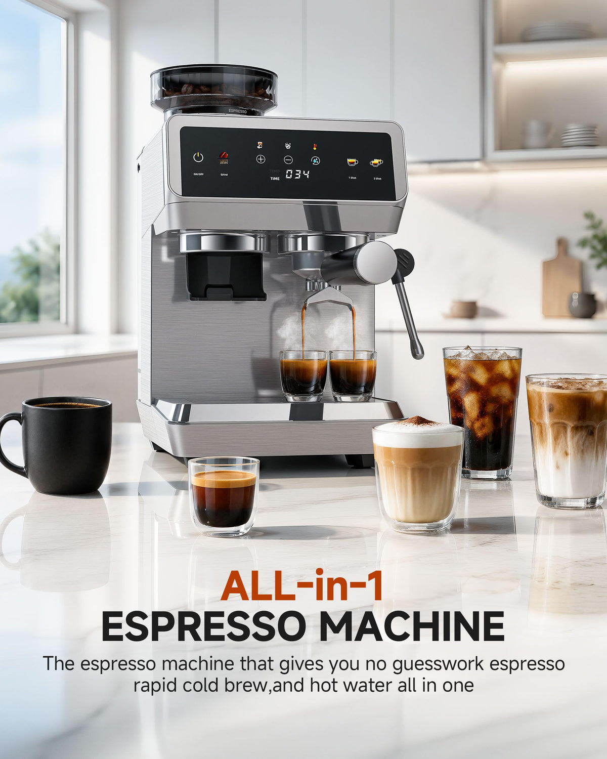 AMZCHEF Espresso Machine With Grinder, Temp Control, 44 Grind Settings