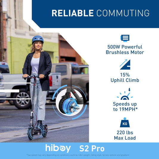 Hiboy S2 Pro Electric Scooter, 500W Motor, 10" Solid Tires, 25 Miles Range