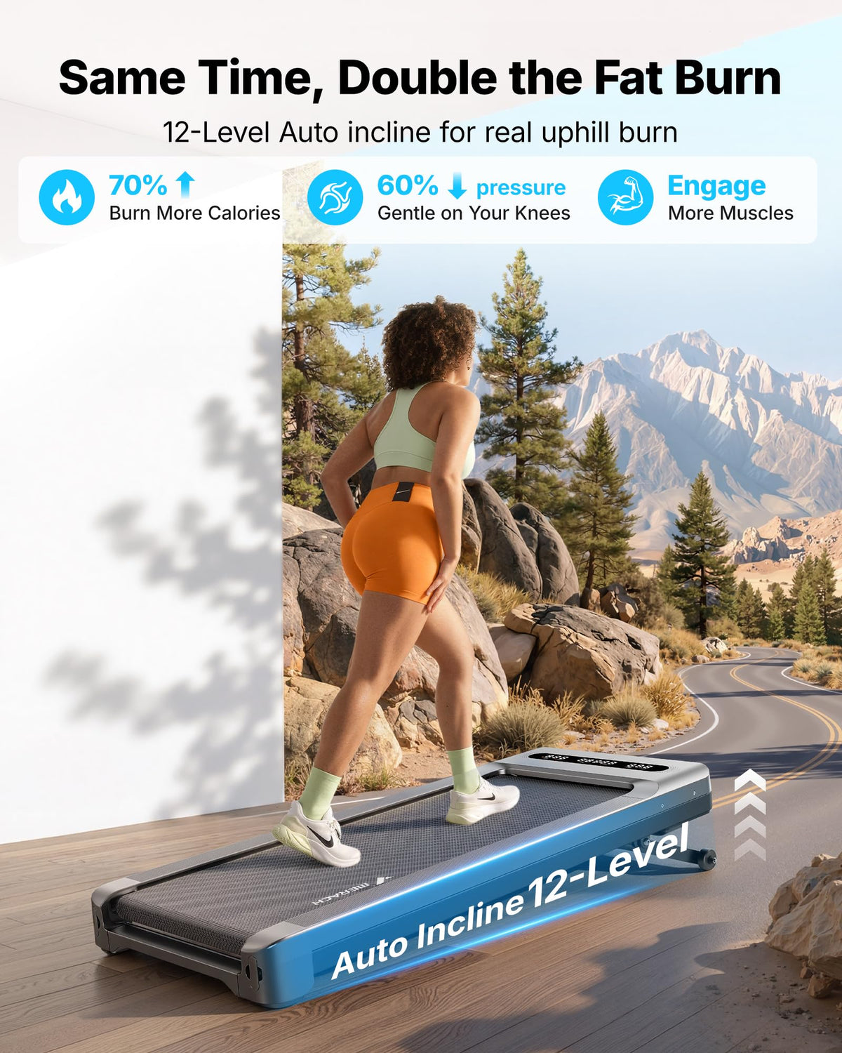 MERACH UltraWalk W60 Walking Pad Treadmill with 12Auto Incline, Under Desk Walking Pad Max400lb Capacity, Max3.5HP Heavy Duty Walking Pad with Incline for Tall People with BT Speaker, RGB Light & APP