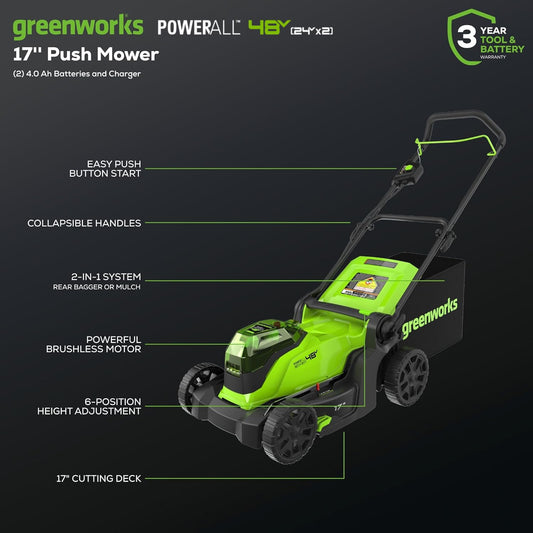 Greenworks 48V (24V x 2) 17in Mower/Blower/Trimmer Kit/ Battery Kit