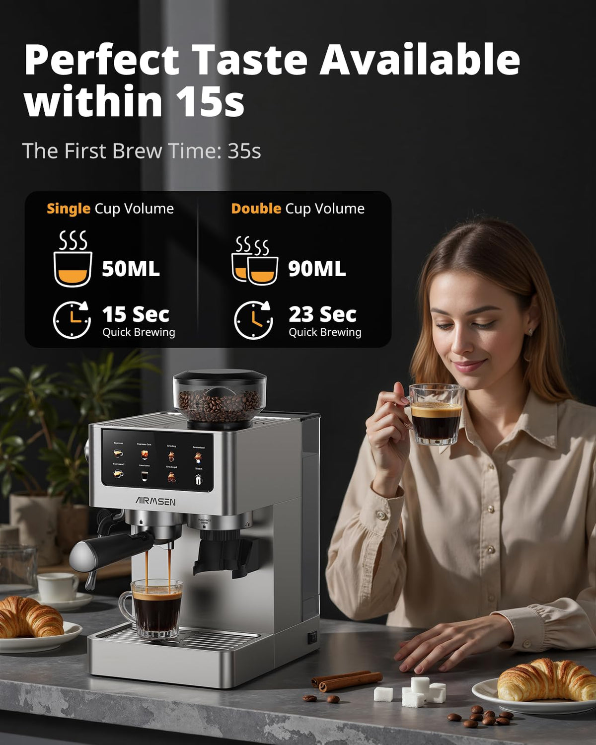 AIRMSEN Espresso Machine with Grinder, 20 Bar, Milk Frothing Steam Wand