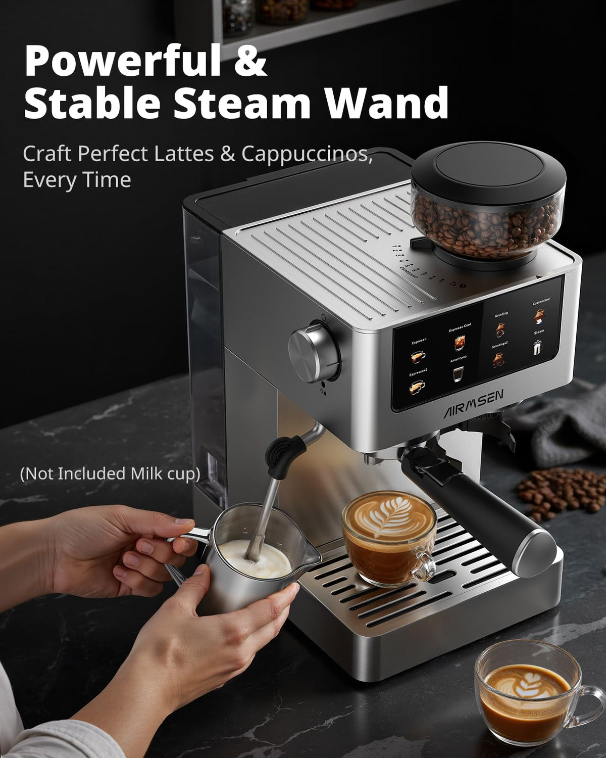 AIRMSEN Espresso Machine with Grinder, 20 Bar, Milk Frothing Steam Wand