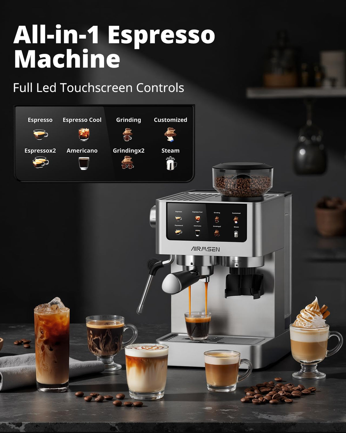 AIRMSEN Espresso Machine with Grinder, 20 Bar, Milk Frothing Steam Wand