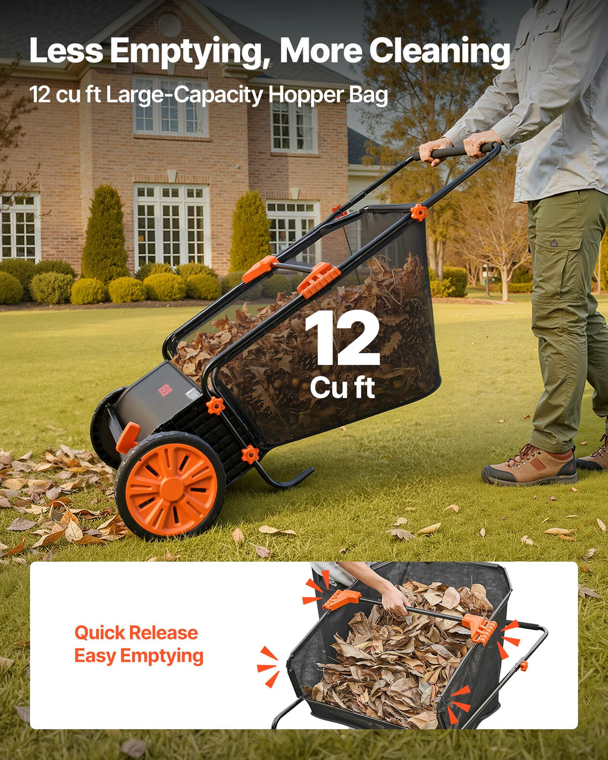 VEVOR Push Lawn Sweeper 30 in Leaf & Grass Collector 12 cu. ft. Hopper Bag
