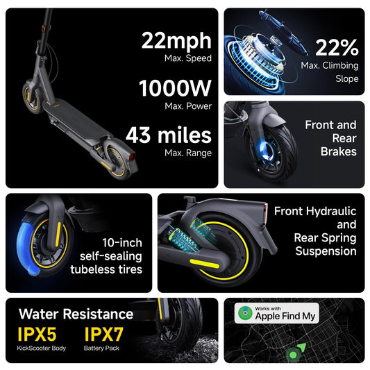 Segway Ninebot MAX G2 Electric KickScooter, Power by 1000W Motor, Up to 43 Miles Range and 22MPH, w/t 10-inch Tires , Dual Brakes & Suspension, Electric Scooter for Adults, UL-2272 Certified